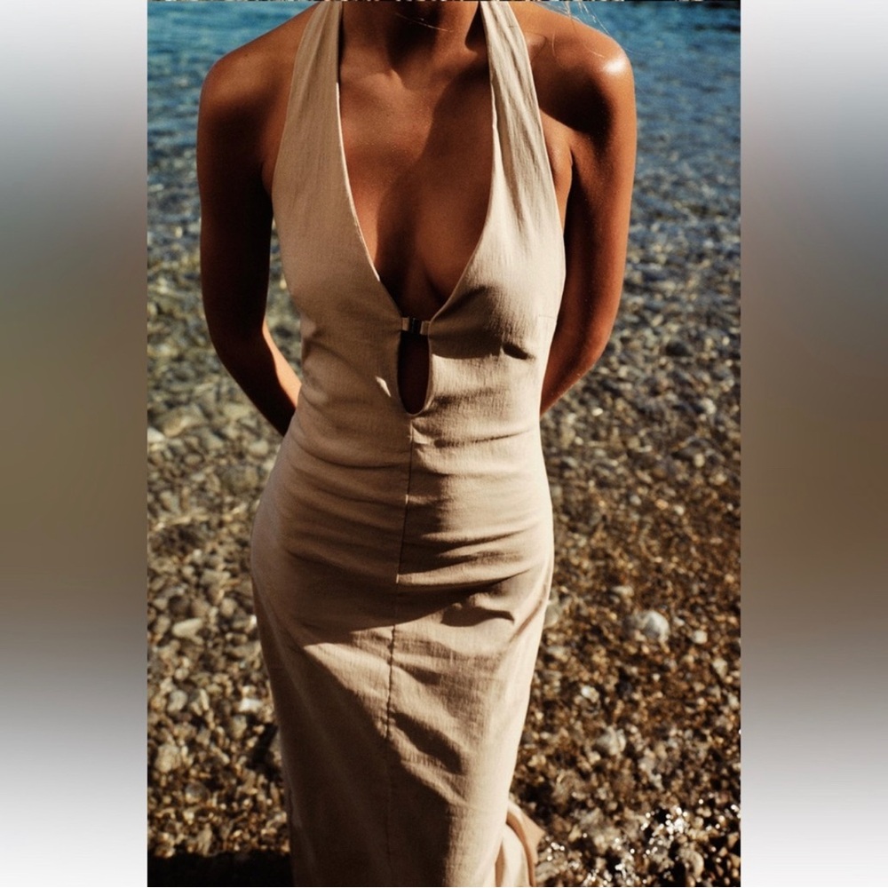 NWT ZARA TAN STRETCH MIDI HALTER DRESS XL